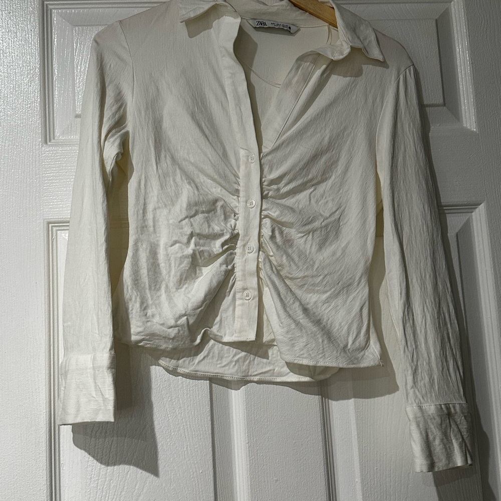 Zara Off-White Ruched Button-Down Shirt